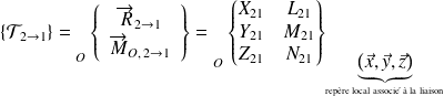 \{ \mathcal T_{2 \rightarrow 1} \} = {\vphantom{\left\{\begin{array}{ccc} \overrightarrow{R_{2\rightarrow 1}} \\ \overrightarrow{M_{A} (2\rightarrow 1)} \end{array}\right\}}} _{O} \left \{ \begin{array}{c} \overrightarrow{R}_{2\rightarrow 1} \\ \overrightarrow{M}_{O, \,2\rightarrow 1} \end{array} \right \} = {\vphantom{ \left \{ \begin{matrix} X_{21} & L_{21} \\ Y_{21} & M_{21} \\ Z_{21} & N_{21} \\ \end{matrix} \right \} }} _{O} \left \{ \begin{matrix} X_{21} & L_{21} \\ Y_{21} & M_{21} \\ Z_{21} & N_{21} \\ \end{matrix} \right \}_{\underbrace{\left( \vec x, \vec y, \vec z \right)}_\text{repère local associé à la liaison}}