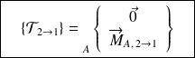 \boxed{ \quad \{ \mathcal T_{2 \rightarrow 1} \} = {\vphantom{\left\{\begin{array}{ccc}\overrightarrow{R_{2\rightarrow 1}} \\\overrightarrow{M_{A} (2\rightarrow 1)}\end{array}\right\}}} _{A} \left \{ \begin{array}{c}\vec 0 \\\overrightarrow{M}_{A, \,2\rightarrow 1}\end{array} \right \} \quad }