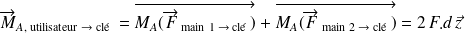 \overrightarrow{M}_{A, \text{ utilisateur }\rightarrow \text{ clé }} = \overrightarrow{M_{A} (\overrightarrow{F}_{\text{ main 1 }\rightarrow \text{ clé }})} + \overrightarrow{M_{A} (\overrightarrow{F}_{\text{ main 2 }\rightarrow \text{ clé }})}= 2\, F.d \, \vec z