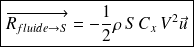 \boxed{\overrightarrow{R_{fluide \rightarrow S}}=-\frac 1 2 \rho\,S\,C_x\,V^2\vec u}