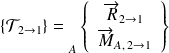 \{ \mathcal T_{2 \rightarrow 1} \}={\vphantom{\left\{\begin{array}{ccc}\overrightarrow{R_{2\rightarrow 1}} \\\overrightarrow{M_{A} (2\rightarrow 1)}\end{array}\right\}}}_{A}\left \{ \begin{array}{c}\overrightarrow{R}_{2\rightarrow 1} \\\overrightarrow{M}_{A, \,2\rightarrow 1}\end{array} \right \}